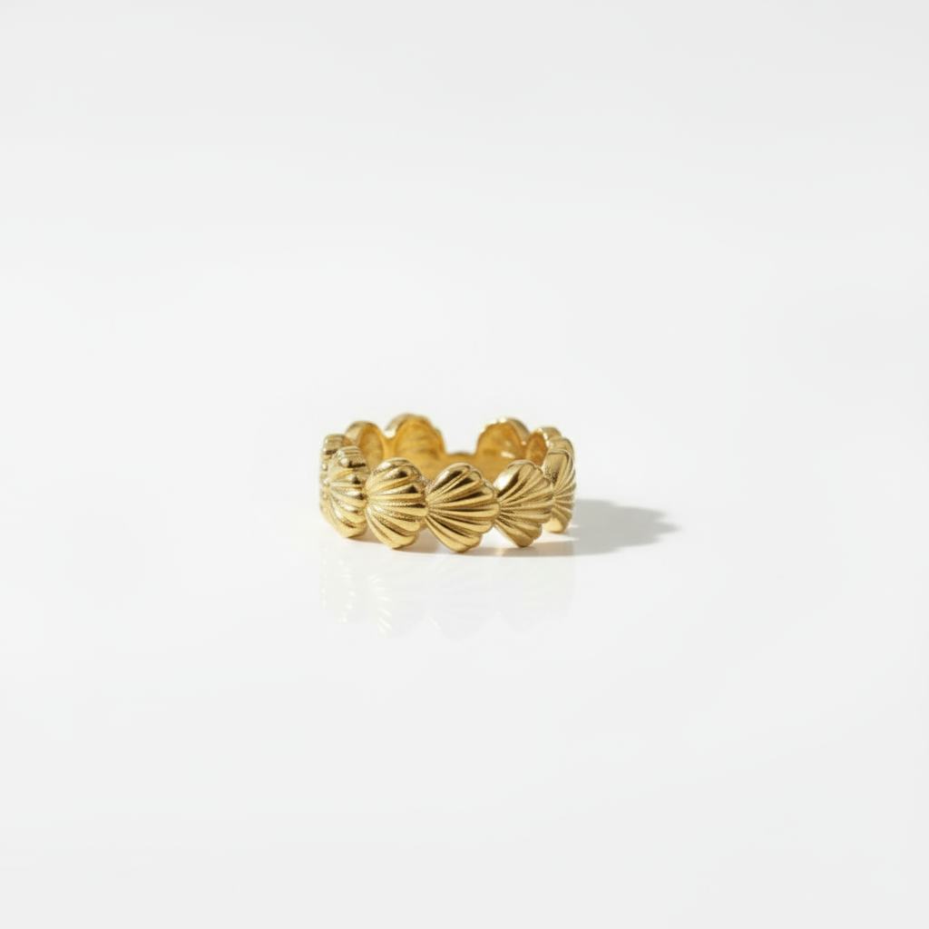 Golden Tide Shell Ring Perth Australia House of Hide gold shell design ring on white background