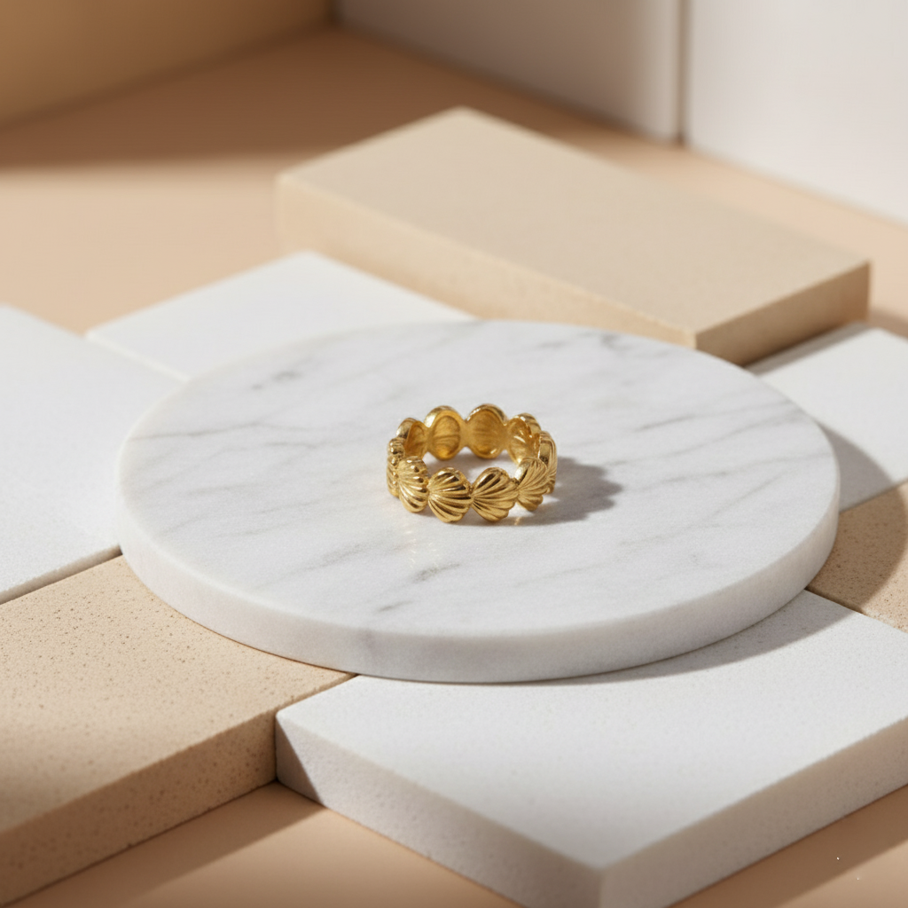 Golden Tide Shell Ring Perth Australia elegant gold ring with connected shell motifs