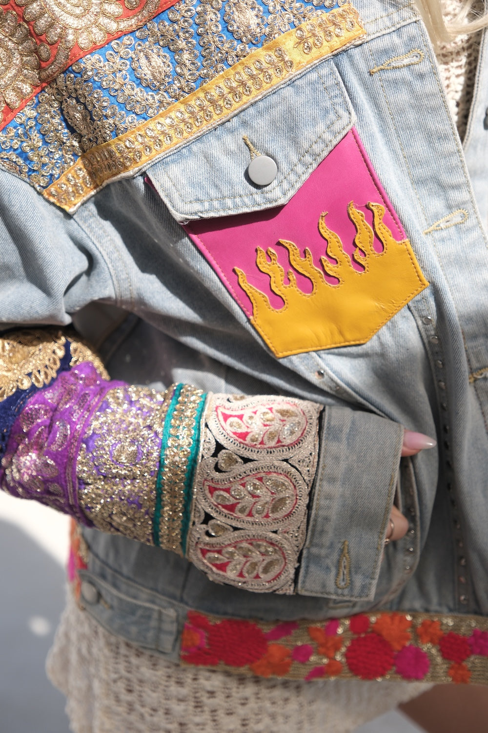 Boho chic denim jacket with metallic trim and bold sleeve detail – upcycled denim jackets Australia