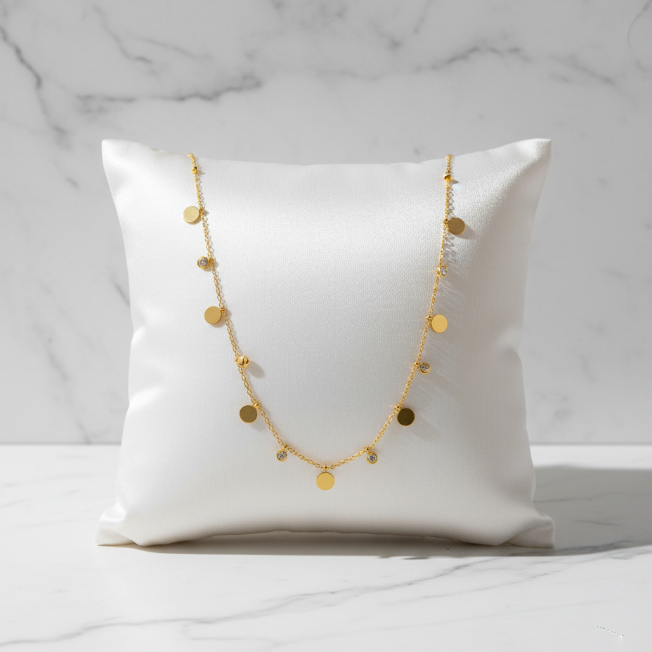 Modern gold necklace with hammered discs – Isla Sol design by House of Hide Jewellery Australia