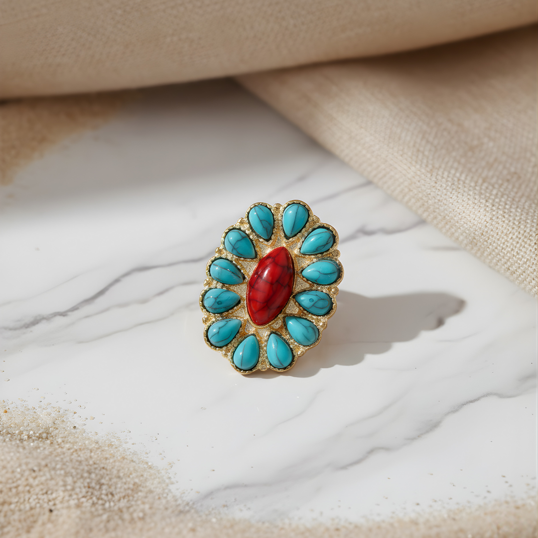 Island Flame Ring featuring mixed turquoise and red stones on white surface