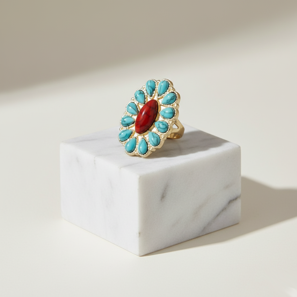 Handcrafted silver ring with turquoise and red accents Perth Australia House of Hide design