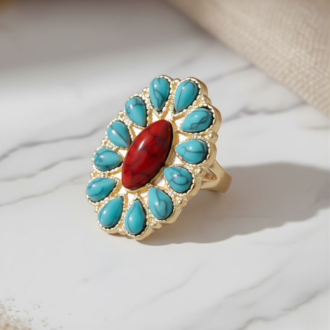 Vibrant turquoise and red gemstone ring Perth Australia House of Hide boho jewellery