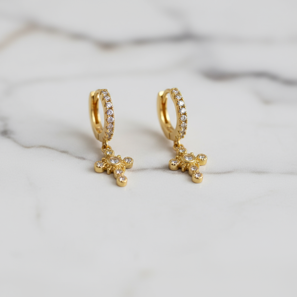 Island Luxe gold huggie earrings – tropical inspired cross charm design by Houseofhide Perth