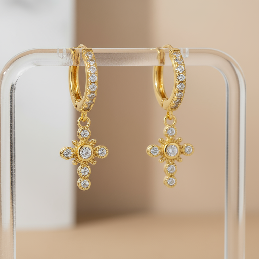 Gold zircon huggie hoops featuring cross pendant – coastal luxury earrings Australia