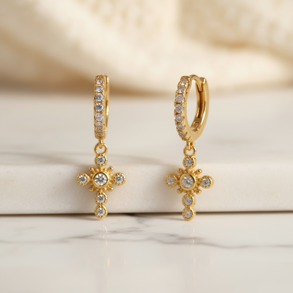 14k gold plated stainless steel huggie earrings with cross charm – Island Luxe by Houseofhide