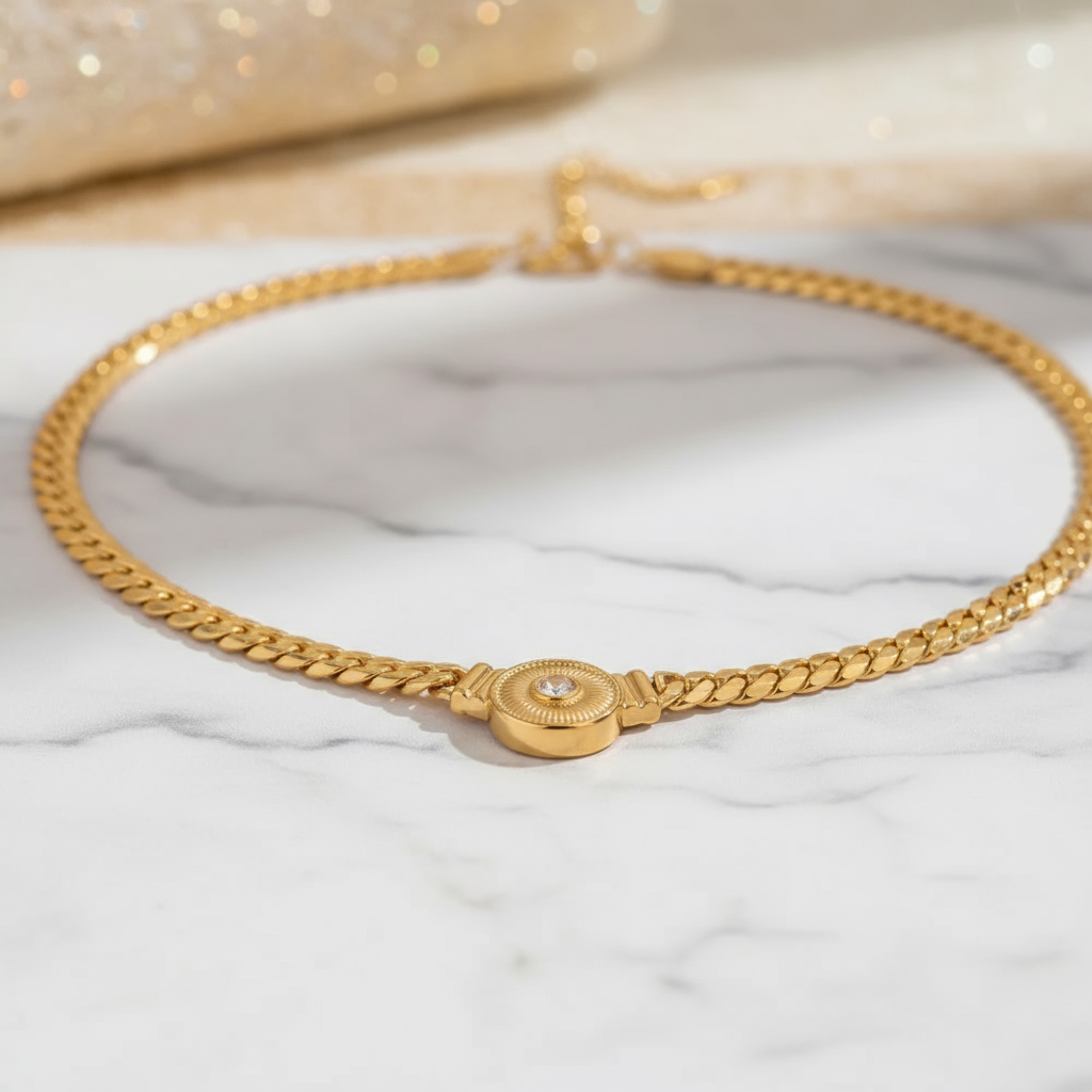 Polished gold stainless steel pendant necklace – Island Time design from House of Hide Perth