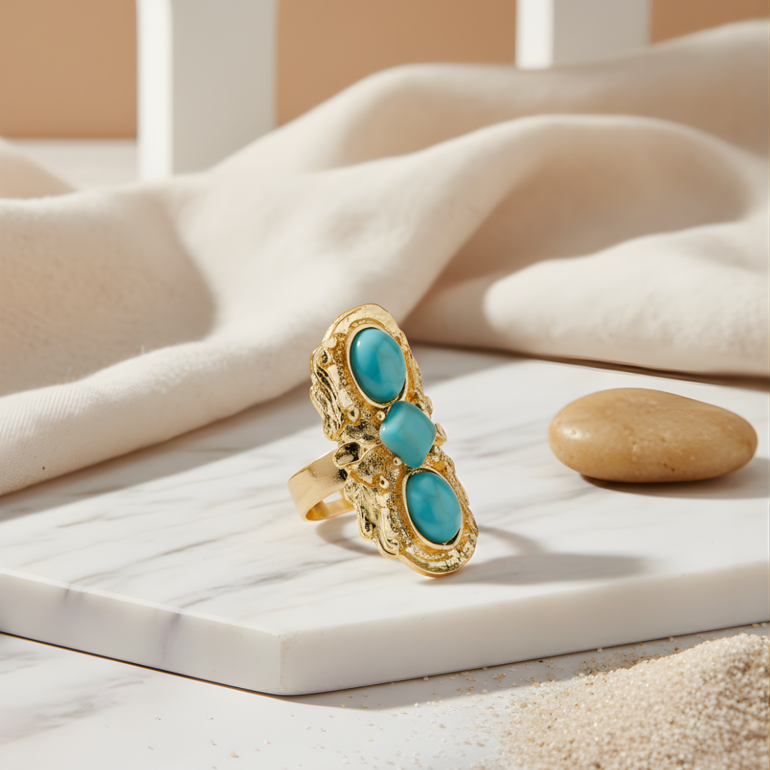 Isle of Tides Ring Perth House of Hide elegant gold ring with three turquoise stones