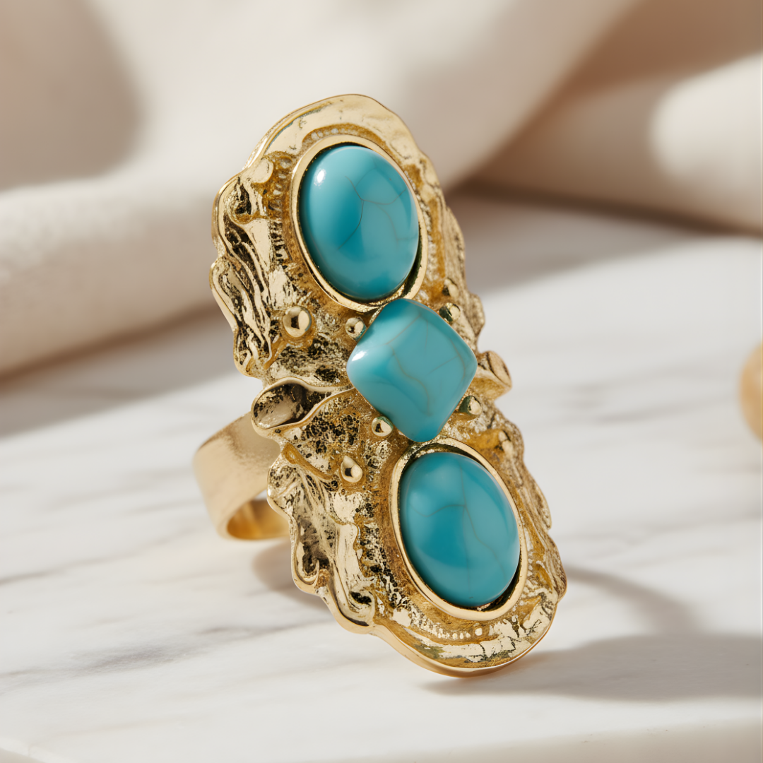 Handcrafted gold ring with turquoise trio Perth Australia House of Hide bohemian style