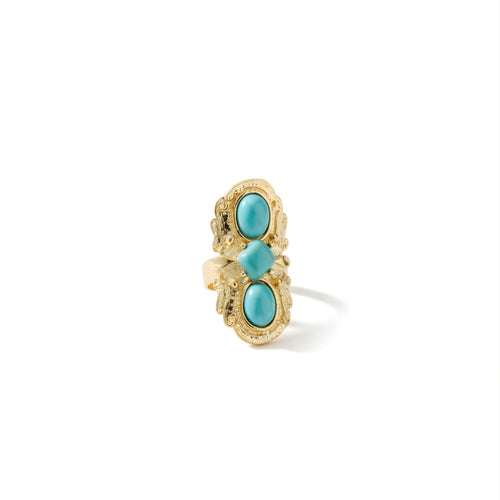 Isle of Tides Ring Perth Australia House of Hide gold ring with three turquoise stones on white background