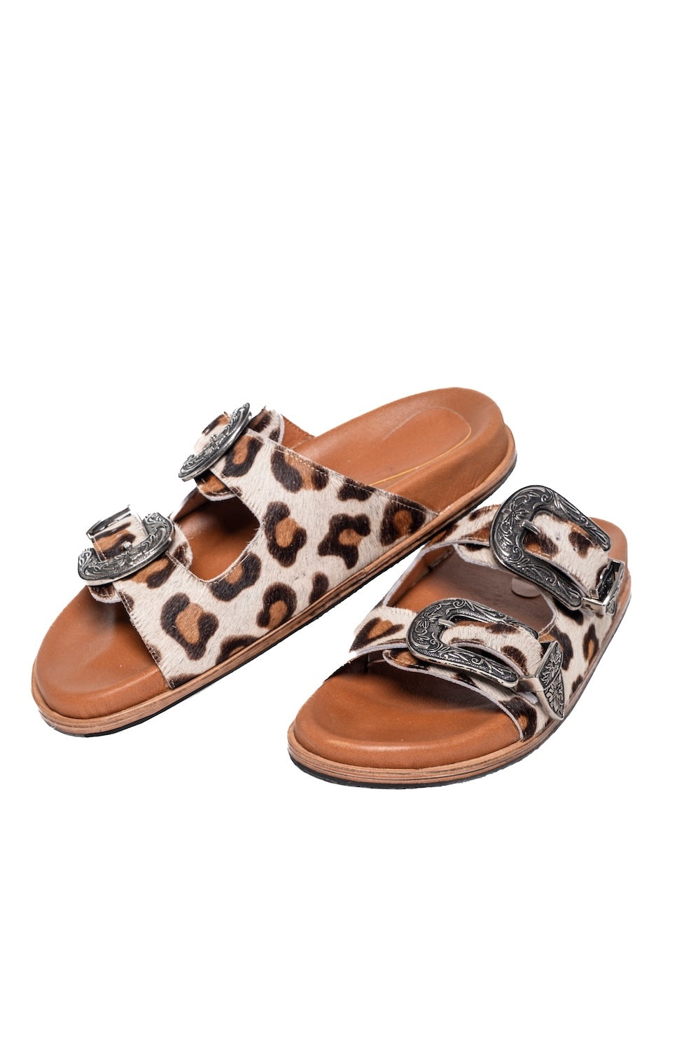 leopard print leather slides western buckle