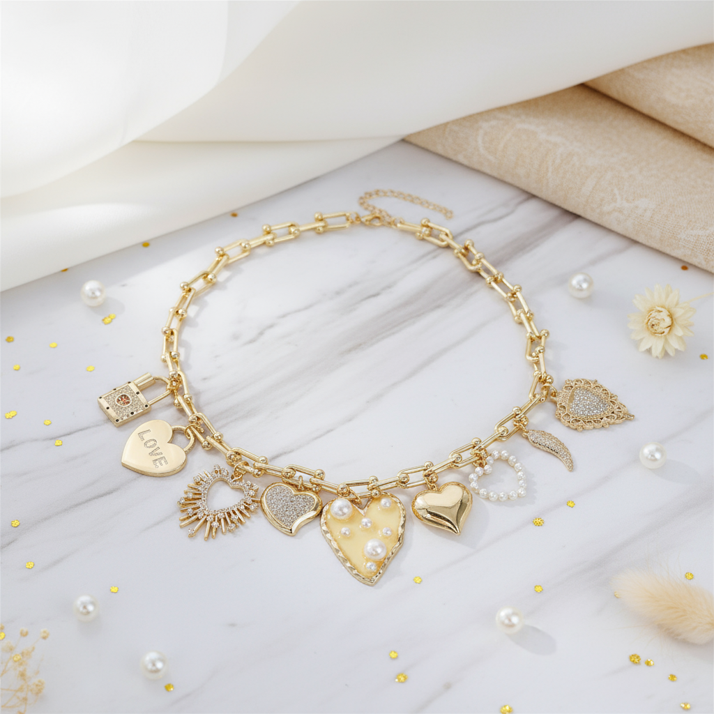 Close-up of Love Lock Heart Chain Necklace Perth Australia Houseofhide showing intricate gold links and heart details.