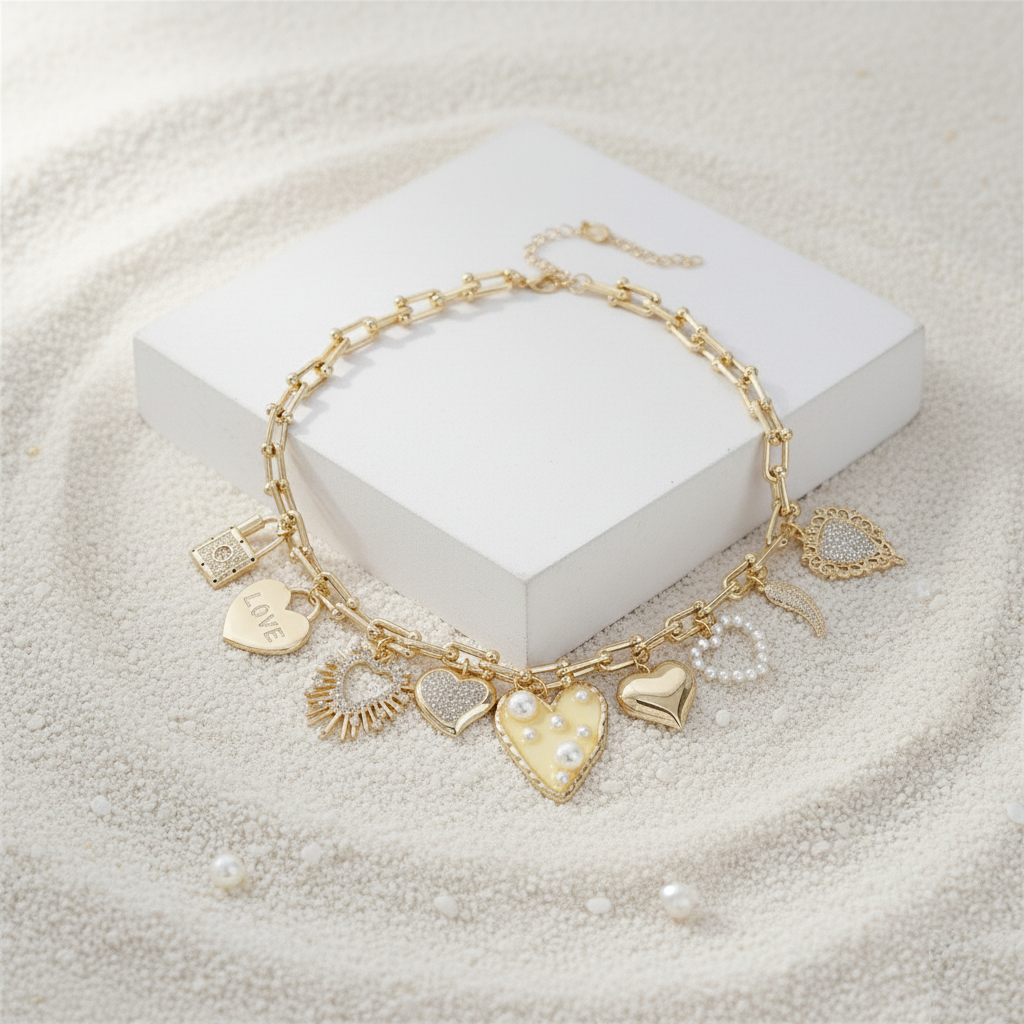 Love Lock Heart Chain Necklace Perth Australia Houseofhide highlighted under soft light capturing golden sunset tones.