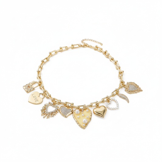 Love Lock Heart Chain Necklace Perth Australia Houseofhide featuring gold-plated hearts and crystal accents in warm lighting.