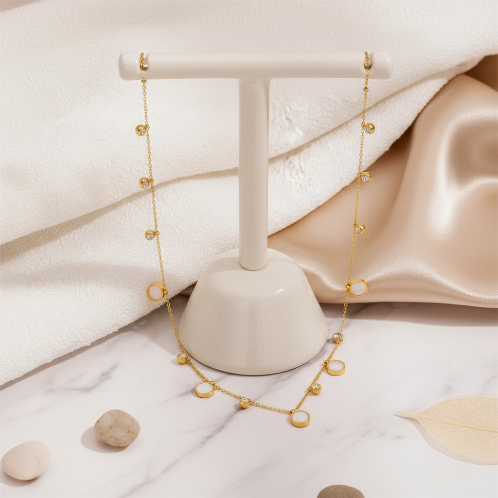 Luna Circle Minimalist Necklace Perth Australia Houseofhide in soft tropical lighting.