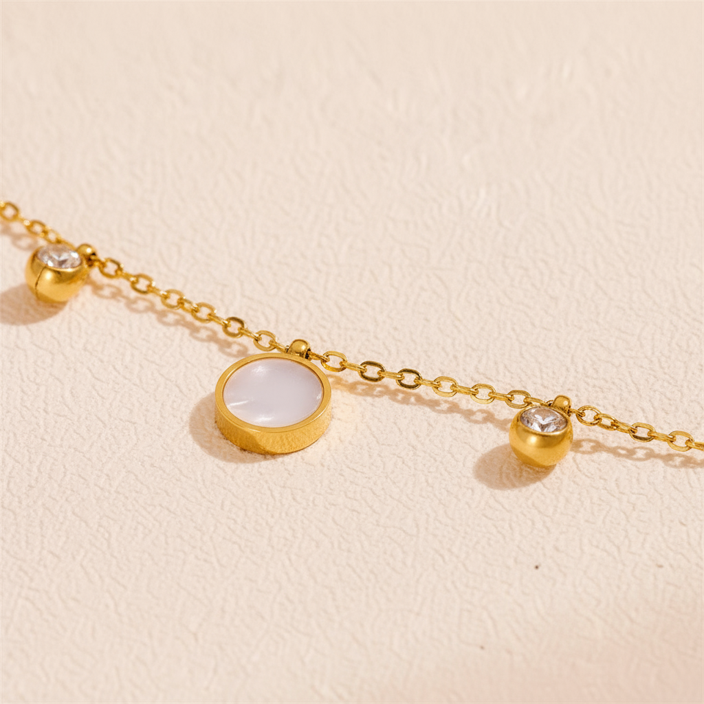 Close-up Luna Circle Minimalist Necklace Perth Australia Houseofhide showing pearl details.