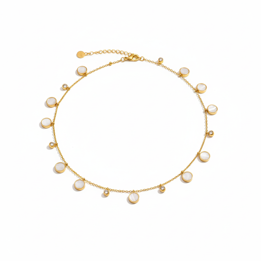 una Circle Minimalist Necklace Perth Australia Houseofhide featuring gold-plated chain with mother-of-pearl discs and crystal accents.