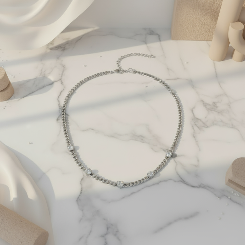 House of Hide Luna Link Heart Necklace waterproof hypoallergenic silver jewellery with zircon sparkle