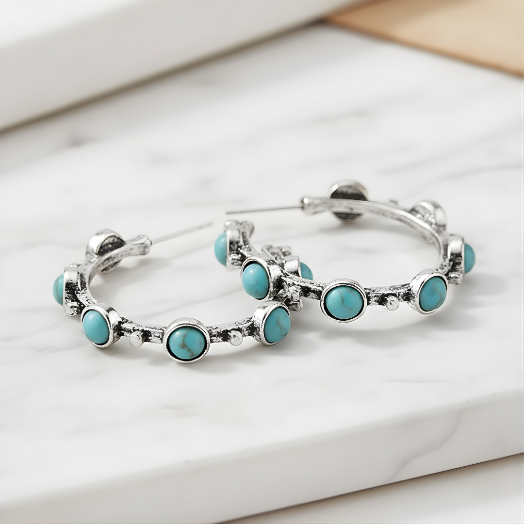 Luna Tide Earrings Perth House of Hide boho silver hoops with turquoise gemstones on white background