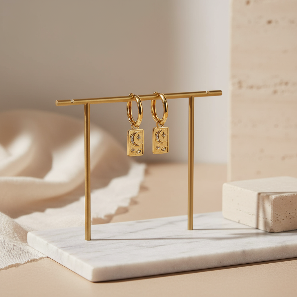 Bohemian gold earrings featuring moon and star motifs – Lunar Drift Earrings Australia