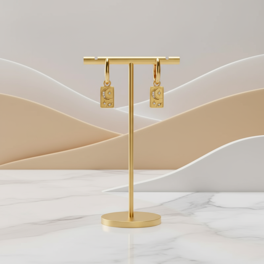 Gold celestial earrings with crescent moon and star engravings – Lunar Drift design by Houseofhide Perth