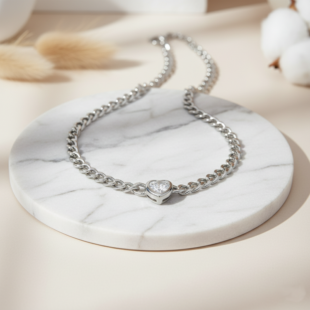 House of Hide Luxe Chain Heart Glow Necklace tarnish-resistant stainless steel with zircon stones