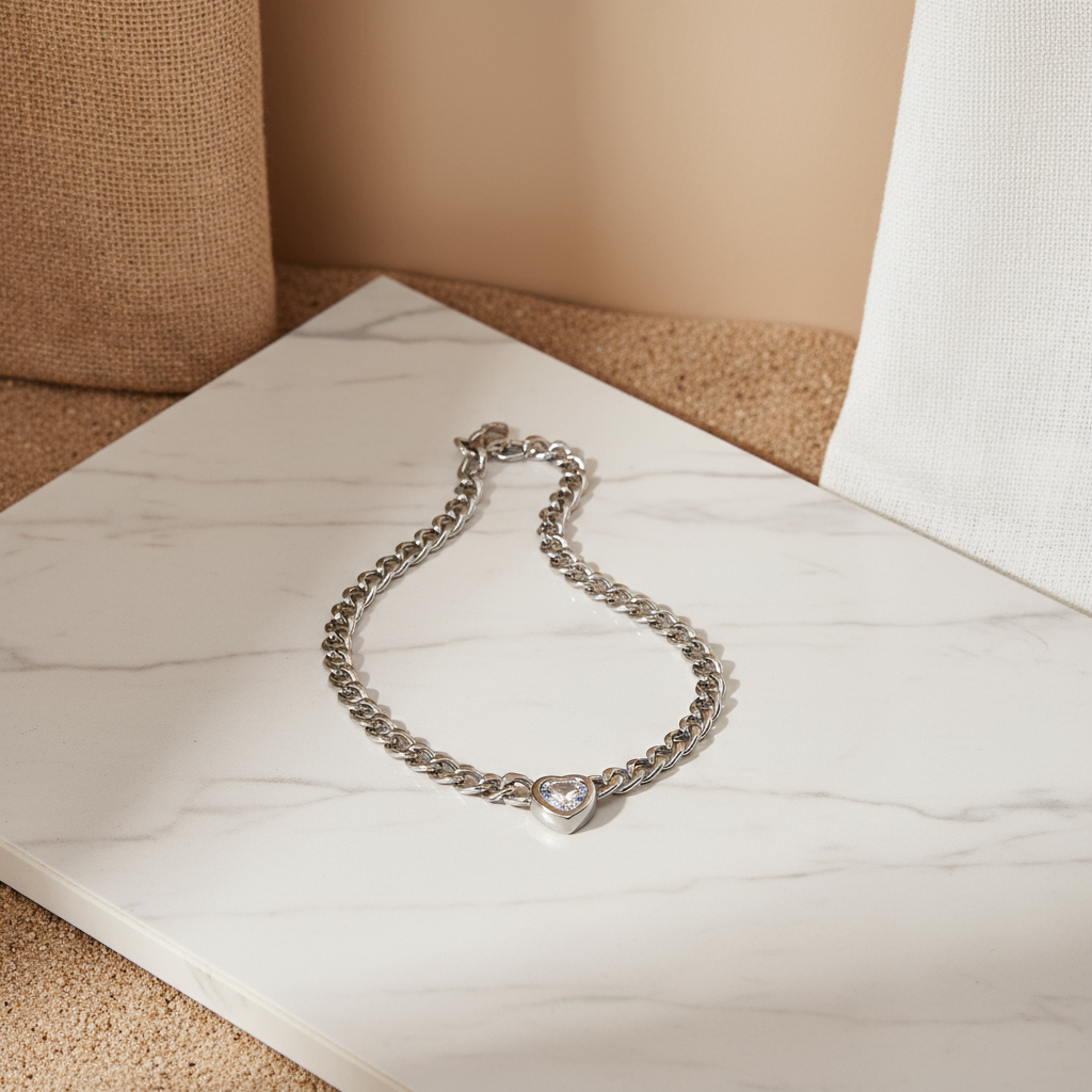 House of Hide Luxe Chain Heart Glow Necklace zirconia heart pendant polished silver chain