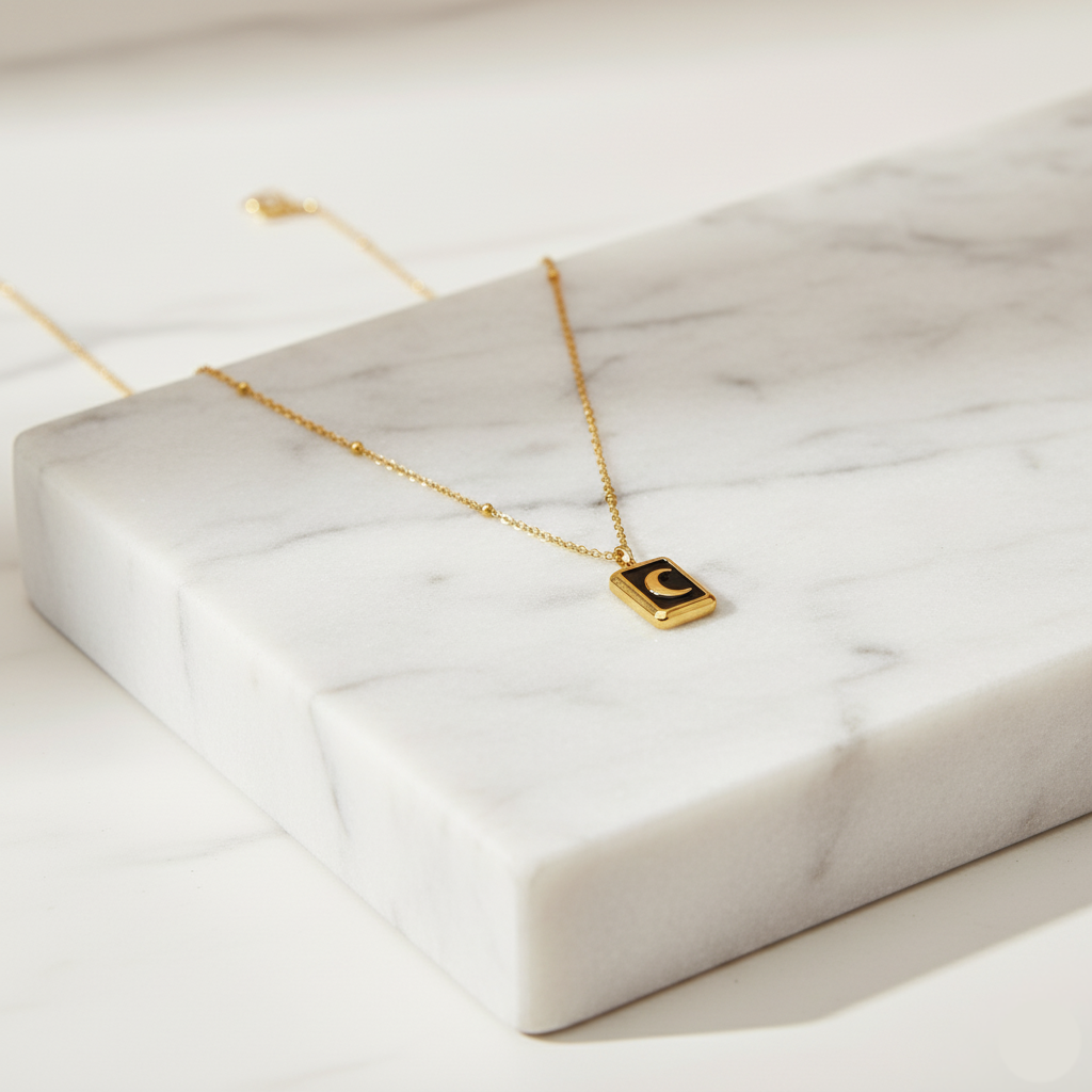 Moonlight Aura Stainless Necklace Perth Australia House of Hide enamel moon pendant on square stainless base