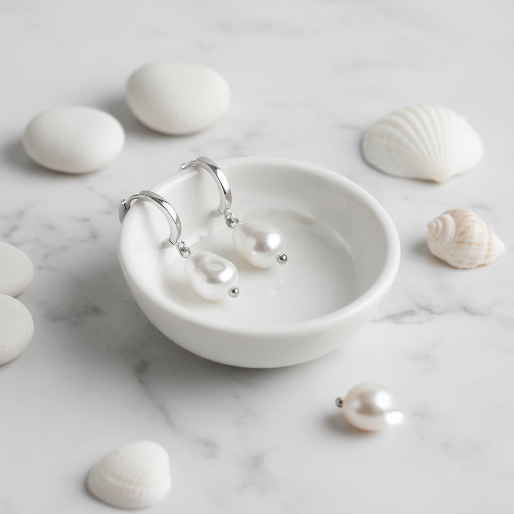 Moonlit Drift Hoops – elegant silver earrings with tide-shaped pearls, inspired by Australian nights