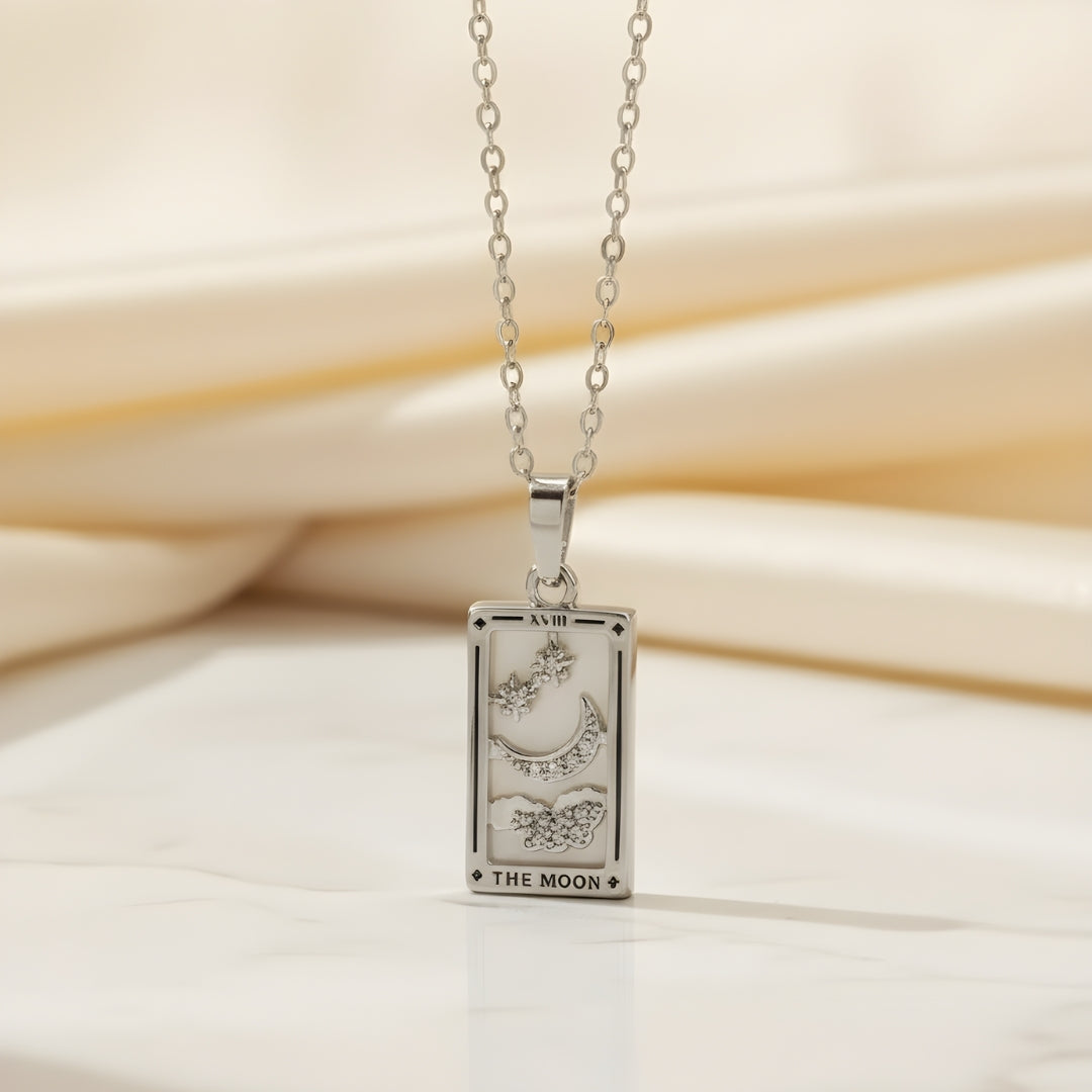 Silver tarot pendant necklace featuring The Moon card by House of Hide Perth jewellery