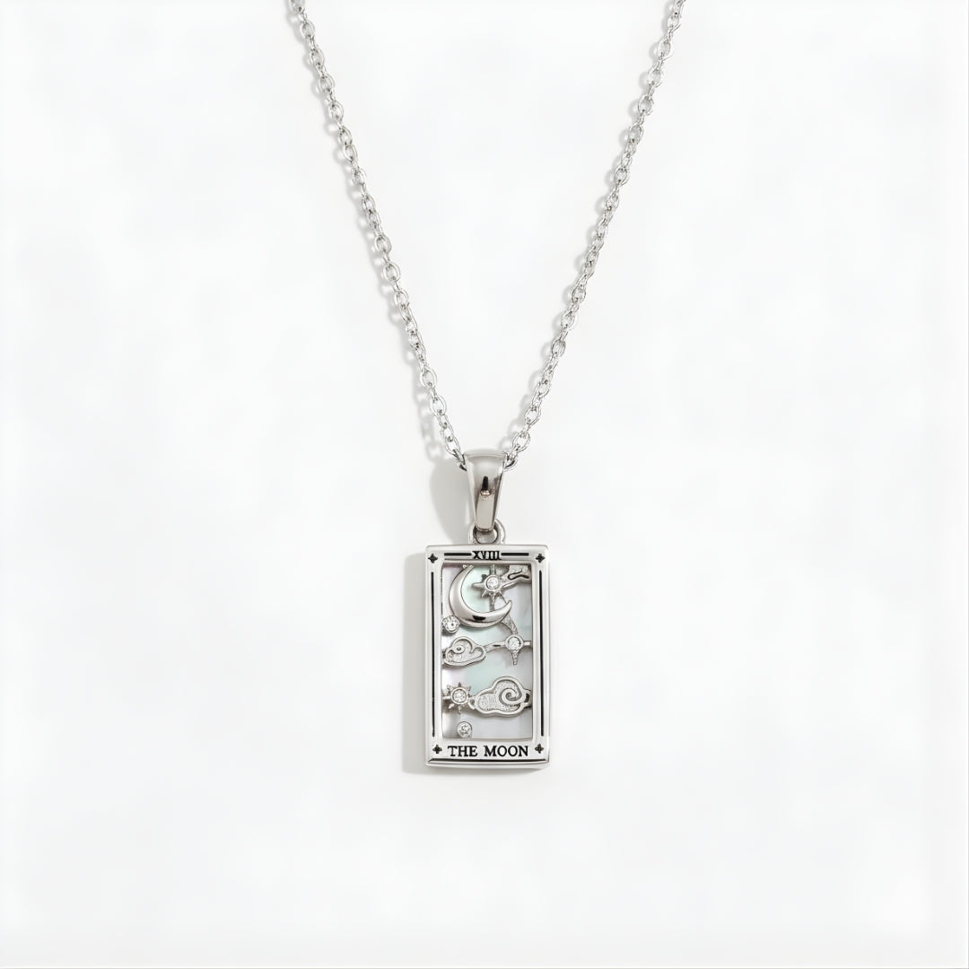 Moonlit Lagoon Necklace Perth Australia House of Hide silver pendant with The Moon tarot card design on white background