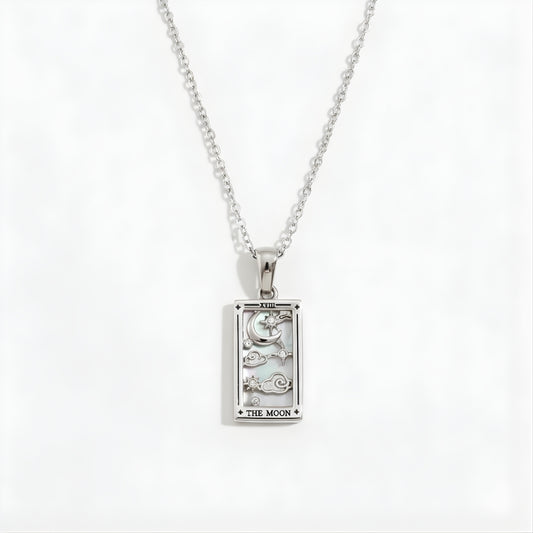 Moonlit Lagoon Necklace Perth Australia House of Hide silver pendant with The Moon tarot card design on white background