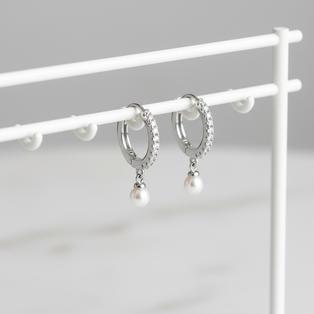 Moonstone Haze Pearl Hoop Earrings Perth House of Hide silver hoops with pearls and gem detailing on marble background