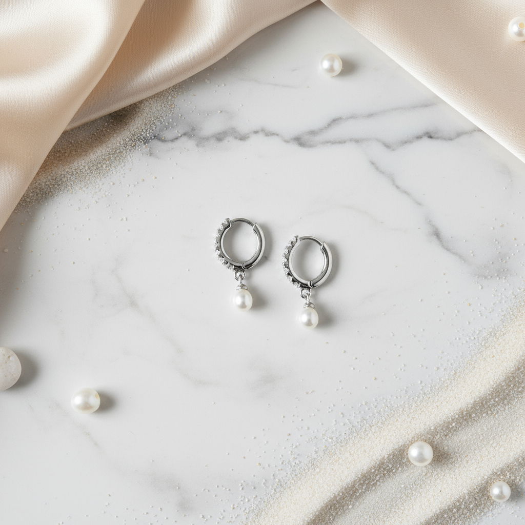 Moonstone Haze Earrings featuring silver hoops with pearl drops and diamond-like gems on marble surface