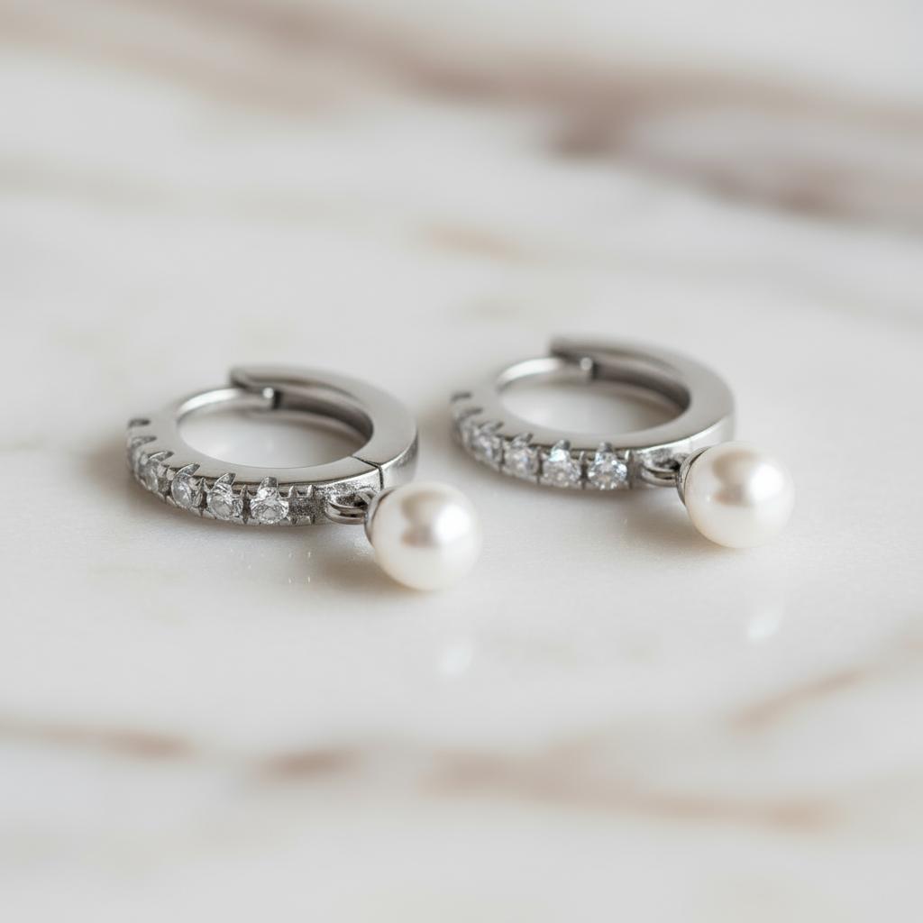 Moonstone Haze Pearl Hoop Earrings Perth Australia House of Hide silver hoops with pearls and crystal accents on marble background