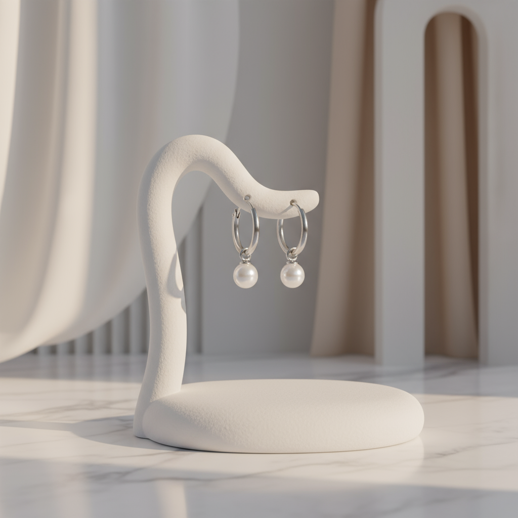 Elegant silver hoop earrings with white pearls Perth Australia House of Hide timeless jewellery