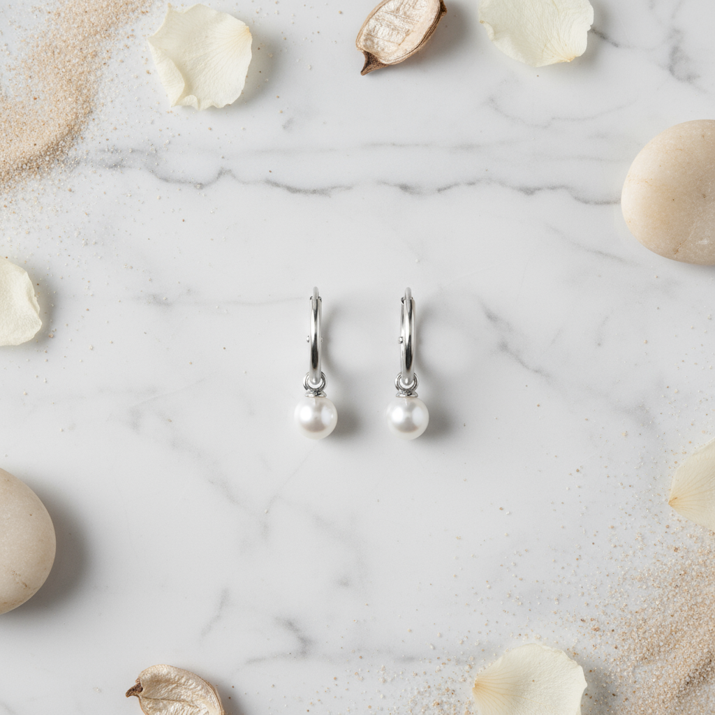 Moonwhisper Pearl Hoop Earrings Perth Australia House of Hide silver hoops with pearl drops on marble background