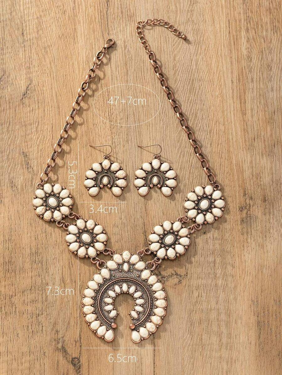 Rustic rodeo jewelry set sizing, antique copper squash blossom necklace and earrings, white stone statement jewelry.