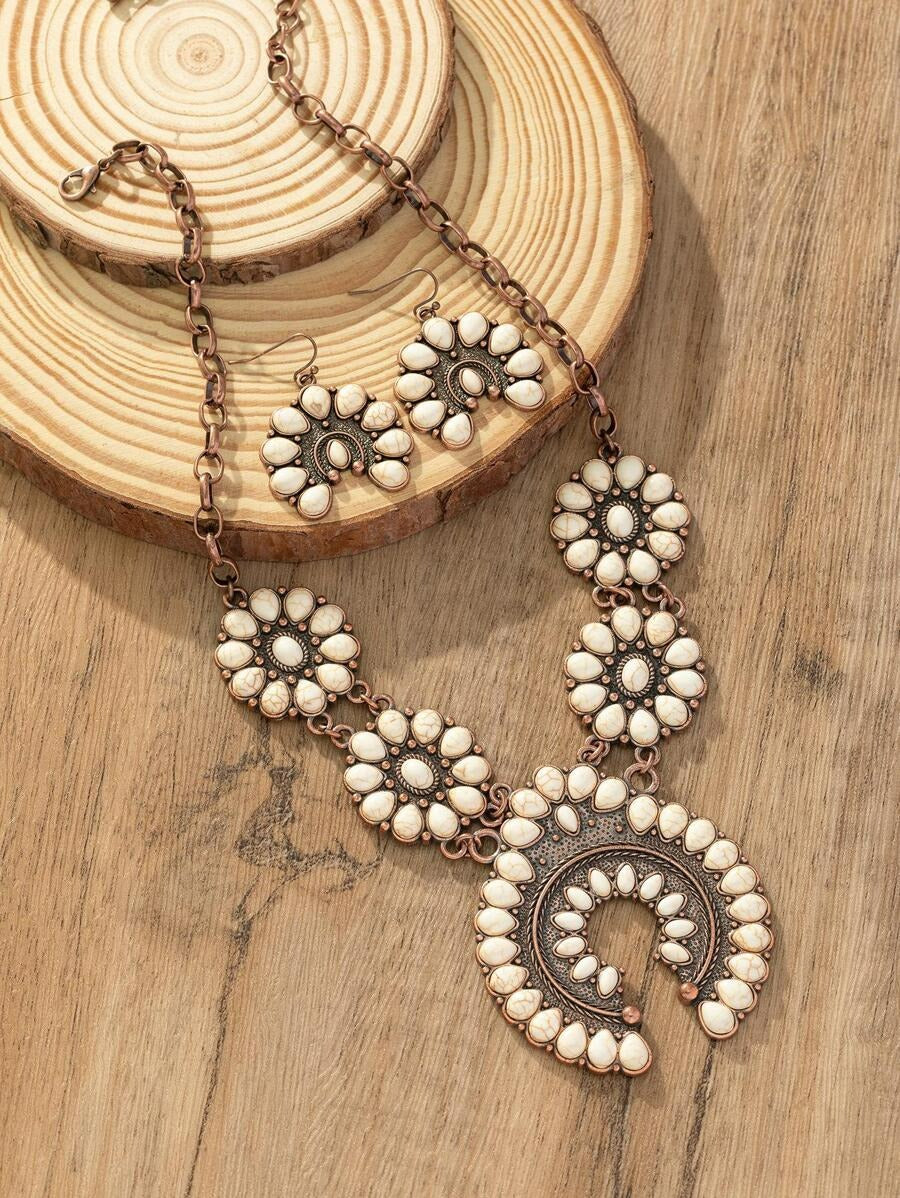 Rustic rodeo jewelry set, antique copper squash blossom necklace and earrings, white stone statement jewelry.
