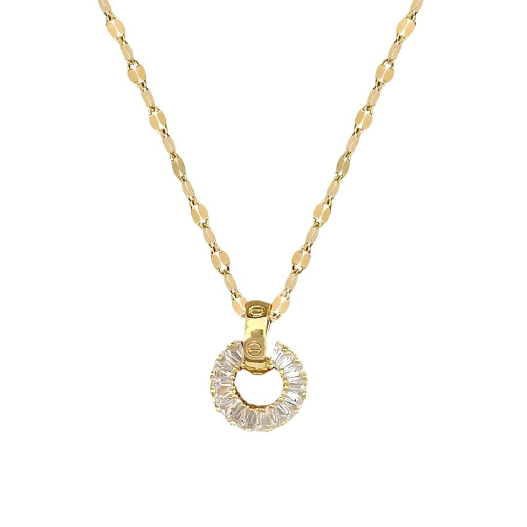 Dainty gold circle necklace, minimalist eternity ring pendant, baguette CZ delicate jewelry.