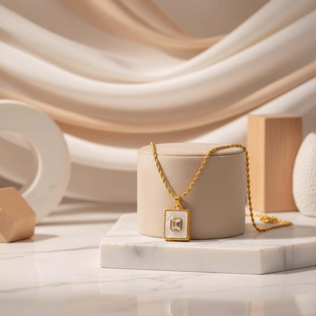 House of Hide Ocean Luxe Necklace coastal-inspired square shell pendant with sparkling zircon accents