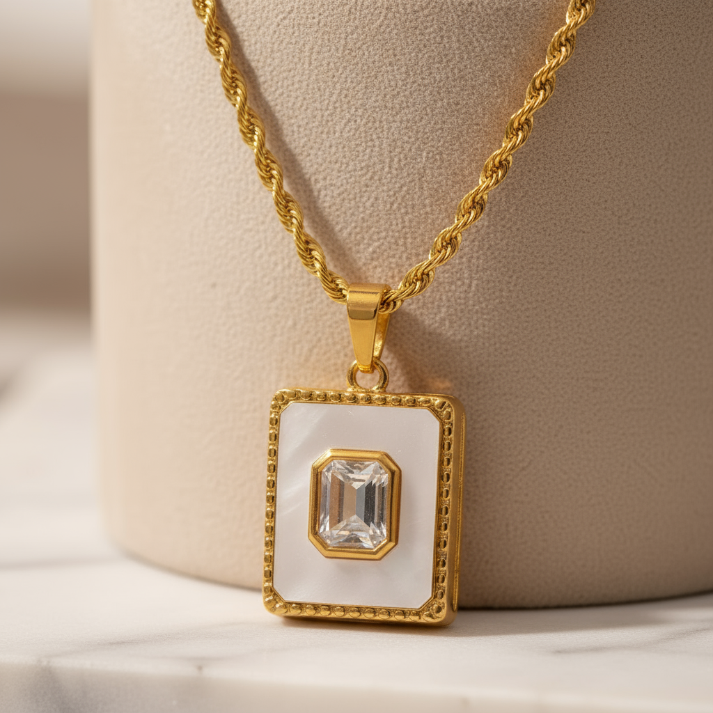 Ocean Luxe Square Shell Necklace Perth Australia modern gold necklace with natural shell and zircon detail