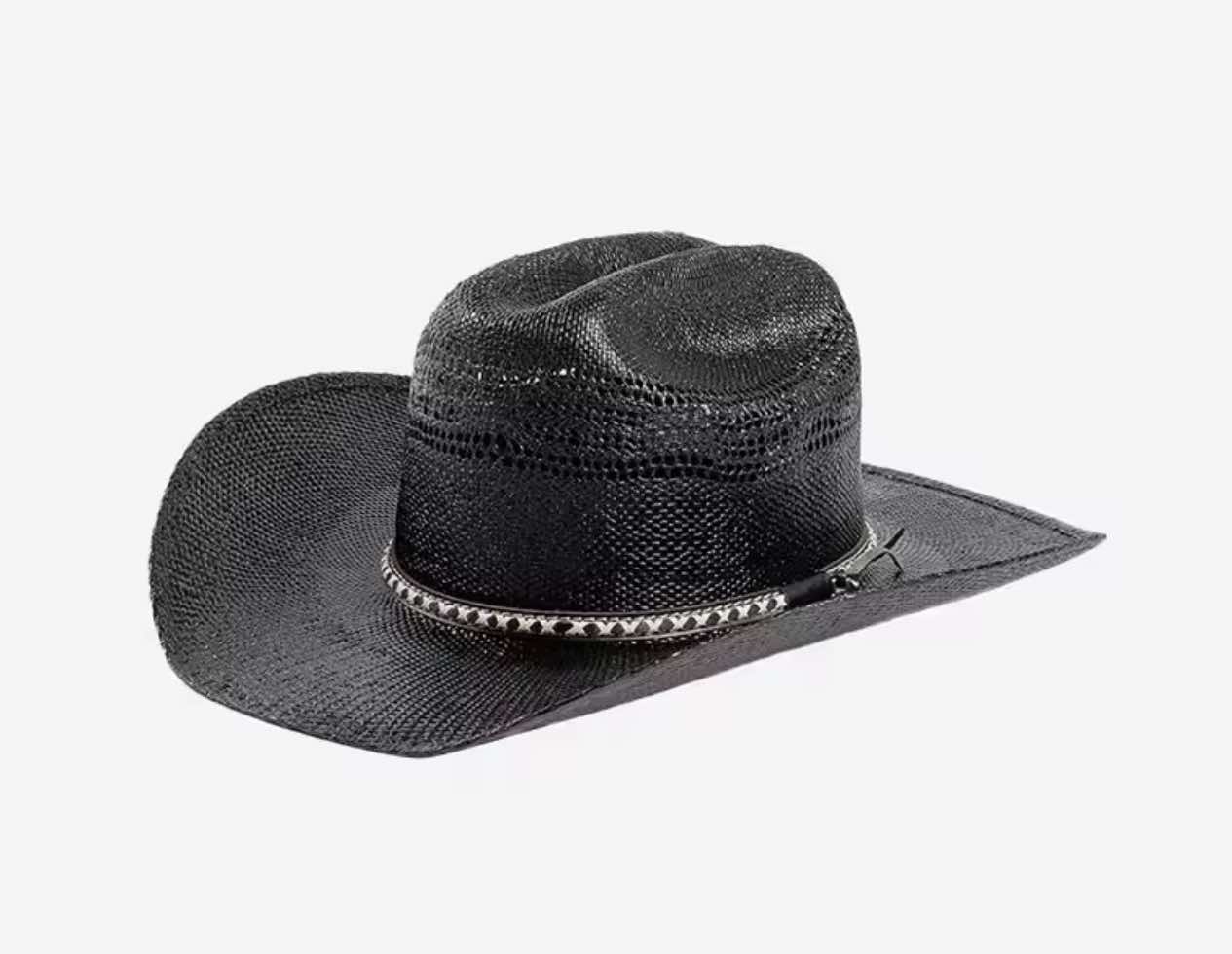 Close-up of handcrafted black cowboy hat made from breathable papergrass