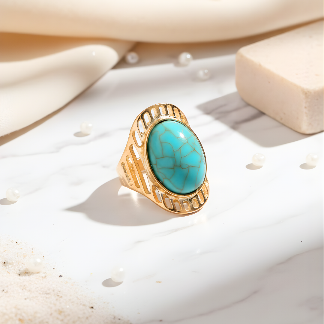 Paradise Gleam Ring Perth Australia House of Hide gold ring with turquoise stone on marble surface