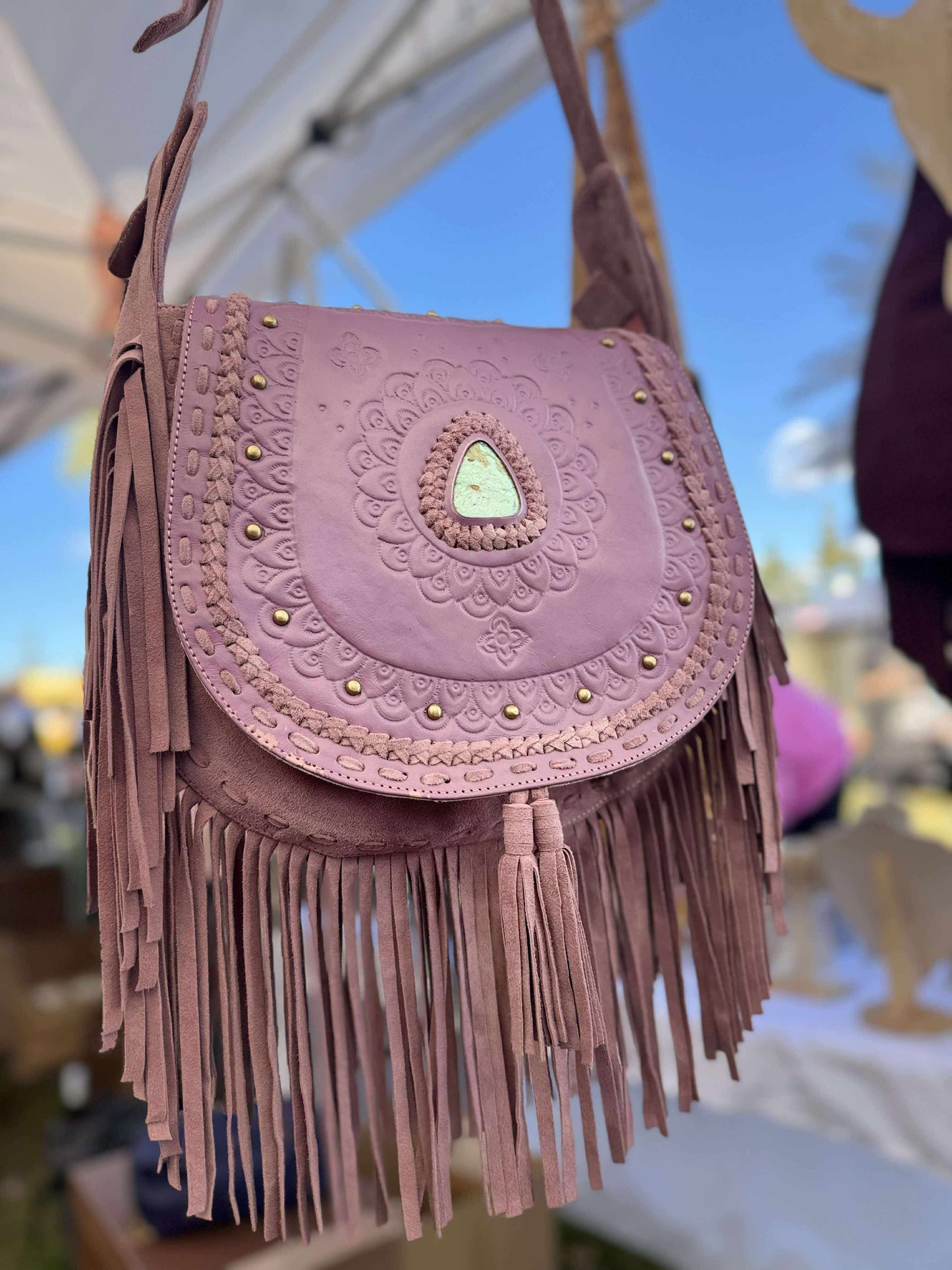 Blush pink fringe bag – ethically made hand-tooled leather crossbody for modern boho women