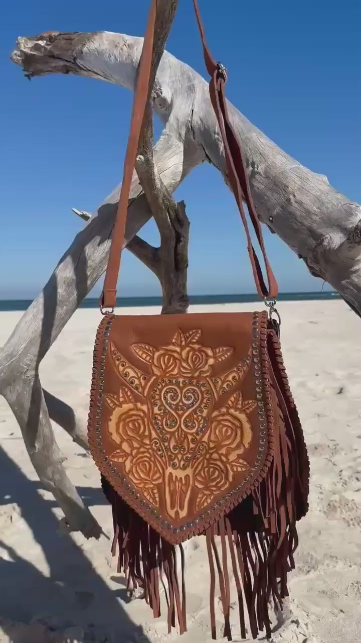 Luxury handmade shoulder bag with hand-painted leather and Chestnut suede