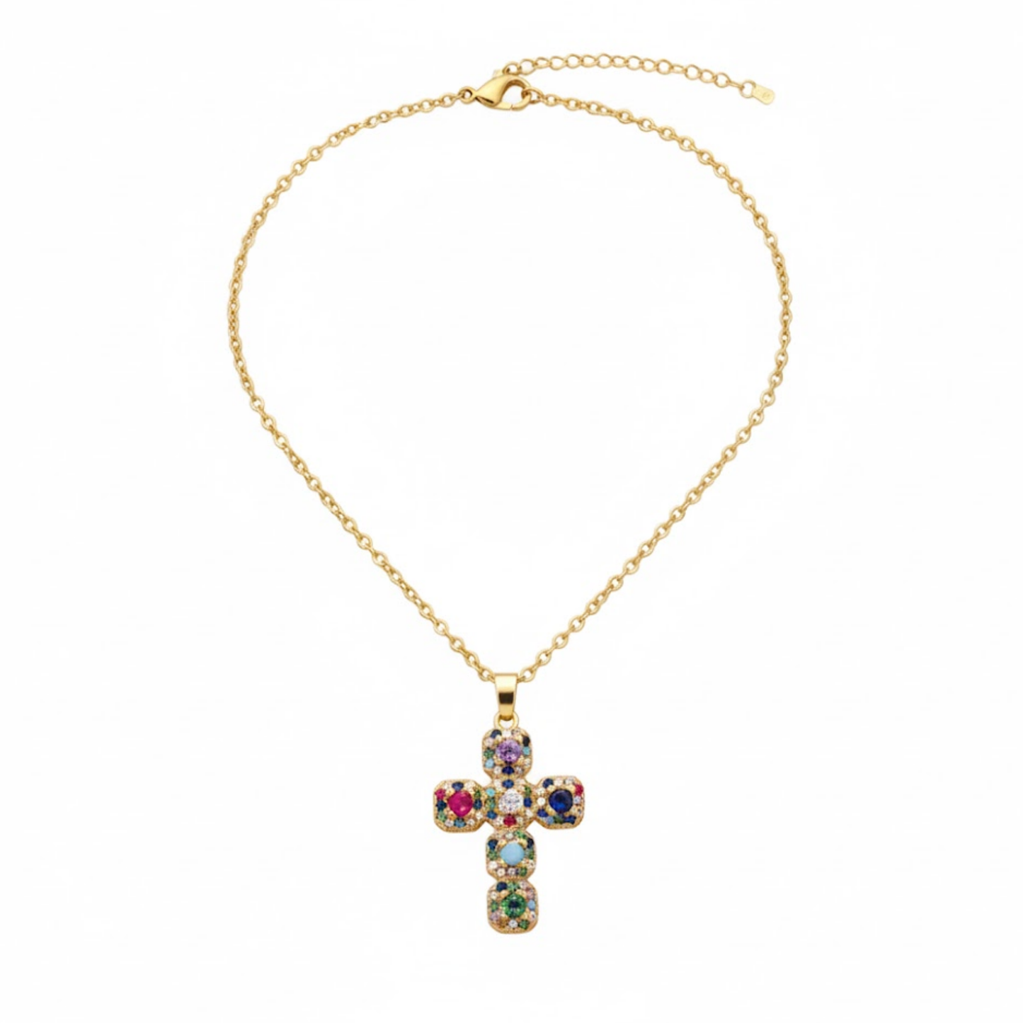 Rainbow Reef Cross Necklace Perth Australia House of Hide copper cross necklace with vibrant rainbow cubic zirconia stones