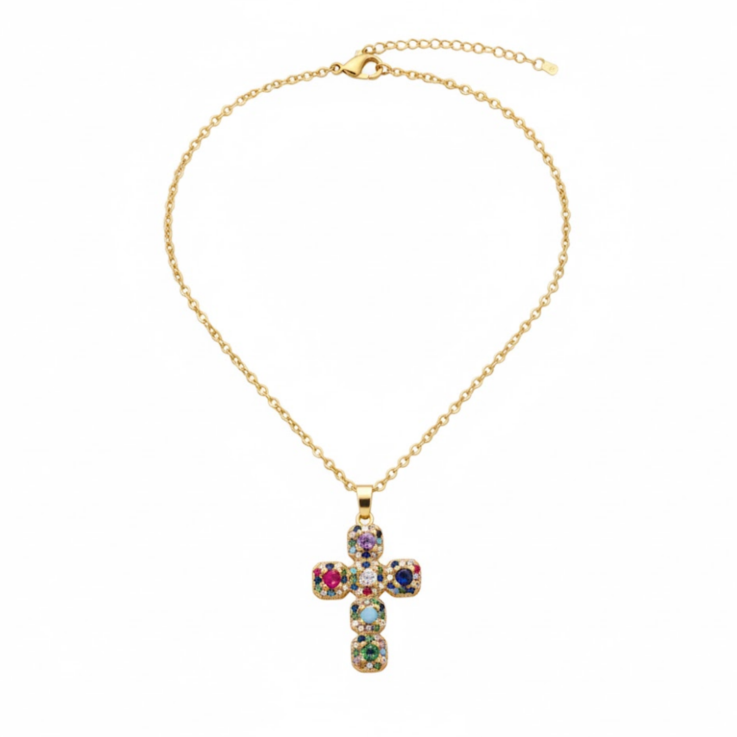 Rainbow Reef Cross Necklace Perth Australia House of Hide copper cross necklace with vibrant rainbow cubic zirconia stones
