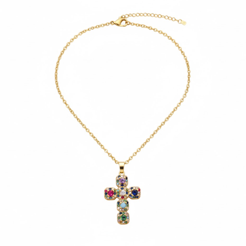 Rainbow Reef Cross Necklace Perth Australia House of Hide copper cross necklace with vibrant rainbow cubic zirconia stones