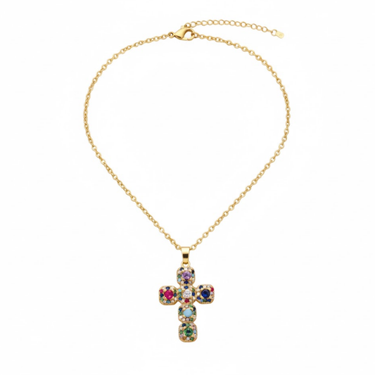 Rainbow Reef Cross Necklace Perth Australia House of Hide copper cross necklace with vibrant rainbow cubic zirconia stones